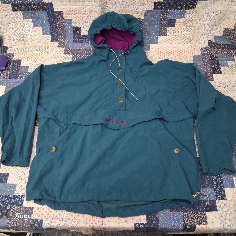 Vintage Columbia Womens Large Teal Pullover Anorak Hooded Windbreaker Jacket 90s